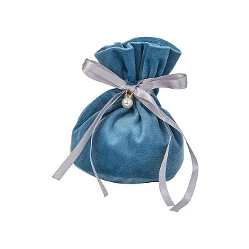 Velvet Jewelry Bags with Drawstring & Plastic Imitation Pearl, Velvet Cloth Gift Pouches, Light Steel Blue, 13.2x14x0.4cm