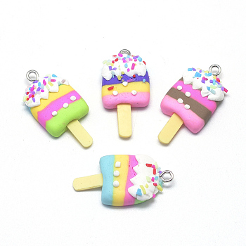 Handmade Polymer Clay Pendants, Ice Lolly, Mixed Color, 36~37x18~19x6~8mm, Hole: 2mm
