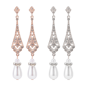 2 Pairs 2 Colors Plastic Pearl Dangle Stud Earrings with Rhinestone, Alloy Hollow Teardrop Long Drop Earrings with 316 Stainless Steel Pins, Platinum & Rose Gold, 73.5x12.5mm, 1 Pair/color