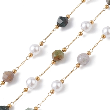 304 Stainless Steel Link Chains, with Glass Imitation Pearl & Indian Agate Beads & Spool, Unwelded, Golden, 2.5~6x0.8~6x0.2~6mm