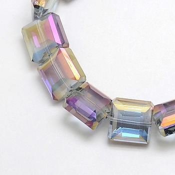 Electroplate Crystal Glass Square Beads Strands, Faceted, Rainbow Color Plated, Medium Purple, 13x13x8mm, Hole: 1mm, about 25pcs/strand, 12.7 inch