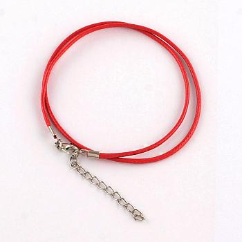 Waxed Cotton Cord Necklace Making, with Alloy Lobster Claw Clasps and Iron End Chains, Platinum, Red, 17.4 inch(44cm)