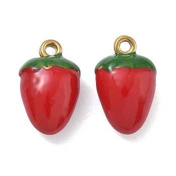 304 Stainless Steel Enamel Pendants, Strawberry Charm, Red, Real 18K Gold Plated, 15.5x9.5x7.5mm, Hole: 1.5mm