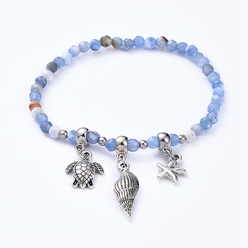 Dyed Natural Agate Stretch Bracelets, with Alloy Pendants and Tube Bails, Spiral Shell & Sea Turtle & Starfish, 2-1/8 inch(5.4cm)