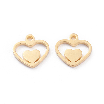 304 Stainless Steel Charms, Laser Cut, Heart, Golden, 9.5x9.5x1mm, Hole: 1.2mm