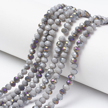Electroplate Opaque Glass Beads Strands, Half Purple Plated, Faceted, Rondelle, Silver, 6x5mm, Hole: 1mm, about 85~88pcs/strand, 16.1~16.5 inch(41~42cm)