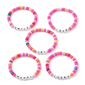 5Pcs 5 Styles Handmade Polymer Clay Beaded Stretch Bracelets, Word Acrylic Link Stackable Bracelets for Women, Mixed Color, Inner Diameter: 2-1/8 inch(5.3cm), 1pc/style