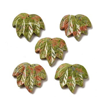 Natural Unakite Carved Pendants, Leaf Charms, 43~44x49~50x7~7.5mm, Hole: 1.4mm