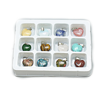 Natural & Synthetic Mixed Stone Pendants, with Stainless Steel Snap On Bails, Heart, 18x16x7~8mm, Hole: 6x2.5mm, 12pcs/box