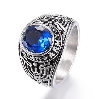 304 Stainless Steel Wide Band Rings, with Cubic Zirconia and Enamel, Oval, Size 7~13, Blue, 17~23mm