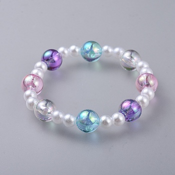 Transparent Acrylic Imitated Pearl  Stretch Kids Bracelets, with Transparent Acrylic Beads, Round, Colorful, 1-7/8 inch(4.7cm)