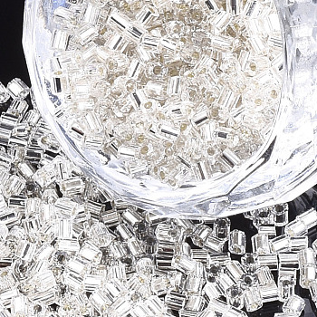 Grade A Glass Seed Beads, Hexagon(Two Cut), Silver Lined, Clear, 1.5~2.5x1.5~2mm, Hole: 0.8mm, about 2100pcs/bag, 450g/bag