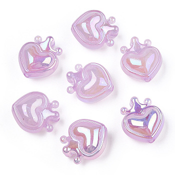 UV Plating Rainbow Iridescent Acrylic Beads, with Glitter Powder, Heart with Crown, Medium Orchid, 24.5x21.5x14mm, Hole: 3mm