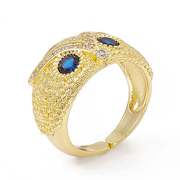 Cubic Zirconia Owl Open Cuff Rings, Golden Brass Jewelry for Women, Dark Blue, US Size 6 1/2(16.9mm)