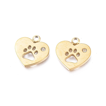Ion Plating(IP) 304 Stainless Steel Charms, Manual Polishing, with Crystal Rhinestone, Heart with Dog Paw Printed, Golden, 12x12x1.2mm, Hole: 1.8mm