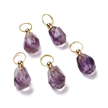 Natural Amethyst Openable Perfume Bottle Pendants, with Golden Tone Brass Findings, Faceted Nuggets Charm, 26~30.5mm, Pendant: 18~23.5x13~16x11.5~14mm, Inner Diameter: 5mm