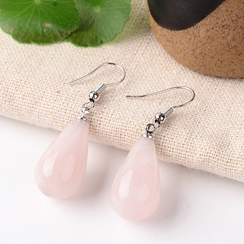 Natural Rose Quartz Teardrop Dangle Earrings, with Platinum Plated Brass Findings, 43mm, Pin: 0.7mm