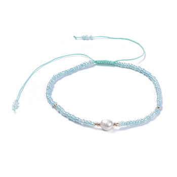 Adjustable Nylon Thread Braided Beads Bracelets, with Glass Seed Beads and Grade A Natural Freshwater Pearls, Aqua, 2-1/8 inch(5.3cm)