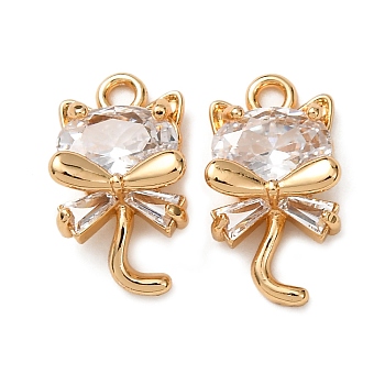 Brass with Cubic Zirconia Pendants, Cat Shape Charms, Clear, Real 18K Gold Plated, 14x8x4mm, Hole: 1.5mm