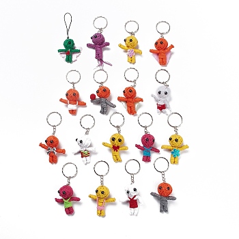 Cotton Thread Keychain, with Iron Key Rings, Human, Mixed Color, 8.6~9.4cm