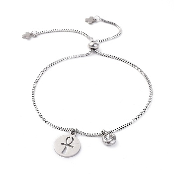 304 Stainless Steel Slider Bracelets, Charm Bracelets, with Rhinestone and Box Chains, Flat Round with Ankh Cross, Stainless Steel Color, 9-1/2 inch(24cm), Charm: 14x11.8x1mm