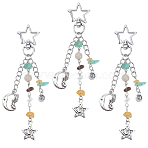 3Pcs Star & Moon Alloy & Gemstone Chips Pendant Decorations, with Star Swivel Clasp, Antique Silver & Platinum, 122mm(BJEW-DC0001-31)
