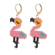 Glass Seed Braided Flamingo Dangle Leverback Earrings, Golden 304 Stainless Steel Long Drop Earrings for Women, Hot Pink, 58mm, Pin: 0.8mm(EJEW-MZ00041)