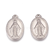 304 Stainless Steel Pendants, Oval with Virgin Mary, Stainless Steel Color, 21x13x2mm, Hole: 2mm(STAS-H109-08P)