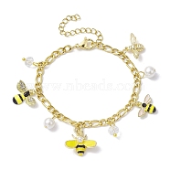 Shell Pearl & Alloy Enamel Bees Charm Bracelet, with 304 Stainless Steel Figaro Chains, Golden, 6-3/4 inch(17.2cm)(BJEW-JB10040)