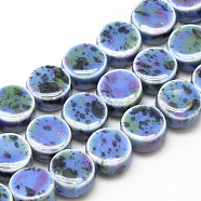 Handmade Porcelain Beads, Fancy Antique Glazed Porcelain, Flat Round, Cornflower Blue, 10~11x5.5~6mm, Hole: 2mm(X-PORC-S496-D03-10mm)