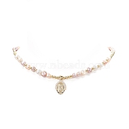 Brass Virgin Mary Pendant Necklace with Natural Pearl Beaded Chains for Women, Colorful, 17.17 inch(43.6cm)(NJEW-JN04144-02)