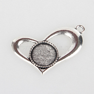 Vintage Tibetan Style Alloy Open Heart Pendant Cabochon Bezel Settings, Cadmium Free & Lead Free, Antique Silver, Flat Round Tray: 14mm, 28x41x2mm, Hole: 3mm(X-TIBEP-O006-11AS)