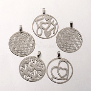 Mixed Filigree Flat Round304 Stainless Steel Textured Pendants, Stainless Steel Color, 39x36x1mm, Hole: 3x5mm(STAS-N038-01)