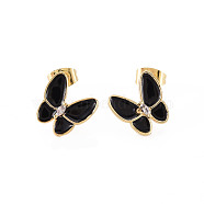 Brass Micro Pave Clear Cubic Zirconia Stud Earrings, with Enamel and Ear Nuts, Cadmium Free & Nickel Free & Lead Free, Butterfly, Real 16K Gold Plated, Black, 11x11.5mm, Pin: 0.8mm(EJEW-S210-015C-NR)