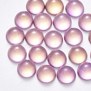 Transparent Spray Painted Glass Cabochons, with Glitter Powder, Half Round/Dome, Plum, 18x9mm.(GLAA-S190-013C-F09)