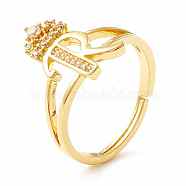 Clear Cubic Zirconia Initial Letter with Crown Adjustable Ring, Real 18K Gold Plated Brass Alphabet Ring for Women, Cadmium Free & Lead Free, Letter.R, US Size 6(16.5mm)(RJEW-M139-17R)