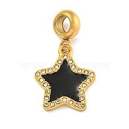 Ion Plating(IP) 304 Stainless Steel Pave Crystal Rhinestone European Dangle Charms, Star Large Hole Pendants with Enamel, Golden, Black, 28mm, Hole: 4.5mm, Star: 18x15.5x2mm(STAS-U005-45G-01)
