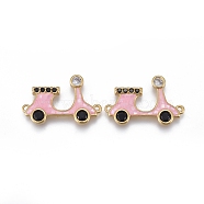 Brass Micro Pave Cubic Zirconia Links, with Enamel & Natural Shell Slice, Long-Lasting Plated, Motorbike, Clear & Black, Golden, Pink, 15.5x23.5x2.5mm, Hole: 1.2mm(ZIRC-F113-02B-G)