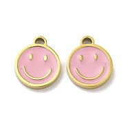 Ion Plating(IP) 316L Surgical Stainless Steel Charms, with Enamel, Real 18K Gold Plated, Flat Round with Smiling Face Charm, Pink, 9.5x8x1.5mm, Hole: 1mm(STAS-D035-04A-G)