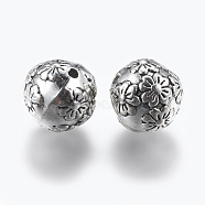 CCB Plastic Beads, Round with Flower, Antique Silver, 13mm, Hole: 2mm(CCB-K007-005AS)