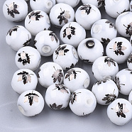 Autumn Theme Electroplate Glass Beads, Round with Maple Leaf Pattern, Coconut Brown, 8~8.5mm, Hole: 1.5mm(EGLA-S178-10A)