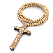 Wood Cross Pendant Necklace with Round Beaded Chains for Men Women, BurlyWood, 35.43 inch(90cm)(RELI-PW0001-024A)