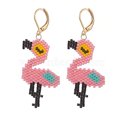Glass Seed Braided Flamingo Dangle Leverback Earrings, Golden 304 Stainless Steel Long Drop Earrings for Women, Hot Pink, 58mm, Pin: 0.8mm(EJEW-MZ00041)