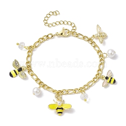Shell Pearl & Alloy Enamel Bees Charm Bracelet, with 304 Stainless Steel Figaro Chains, Golden, 6-3/4 inch(17.2cm)(BJEW-JB10040)