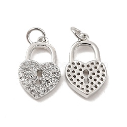 Brass Micro Pave Clear Cubic Zirconia Pendants, with Jump Ring, Heart Lock Charm, Platinum, 17.5x10.5x2.5mm, Hole: 3.5mm(KK-E068-VB158)