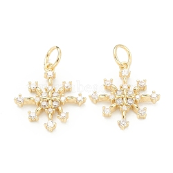 Brass Clear Cubic Zirconia Pendants, Long-Lasting Plated, with Jump Ring, Snowflake, Golden, 16x14x2mm, Hole: 3.5mm(ZIRC-B010-28G)