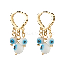Evil Eye Lampwork Round Beads Dangle Hoop Earrings, Brass Heart Earrings for Girl Women, Golden, White, 31x15mm, Pin: 1mm(EJEW-JE04826-03)