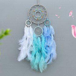 Woven Web/Net with Feather Decorations, with Iron Ring, for Home Bedroom Hanging Decorations, Light Sky Blue, 730mm(PW-WG21777-03)