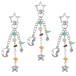 3Pcs Star & Moon Alloy & Gemstone Chips Pendant Decorations, with Star Swivel Clasp, Antique Silver & Platinum, 122mm(BJEW-DC0001-31)