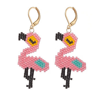 Glass Seed Braided Flamingo Dangle Leverback Earrings, Golden 304 Stainless Steel Long Drop Earrings for Women, Hot Pink, 58mm, Pin: 0.8mm